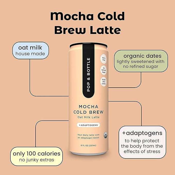 Pop & Bottle, Oat Milk Lattes - Cold Brew with Adaptogens, Maca, Ashwagandha, MCT Oil, Oat Milk