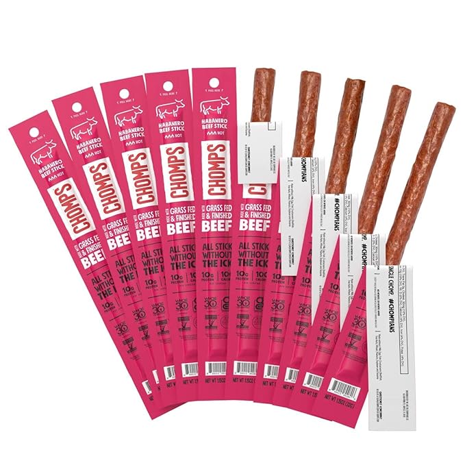 Chomps Grass-Fed and Finished Spicy Habanero Beef Jerky Snack Sticks 10-Pack - Keto, Paleo