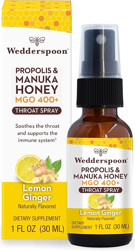 Wedderspoon Propolis and Manuka Honey Throat Spray, Lemon & Ginger, 1 Fl Oz (Pack of 1), Sore