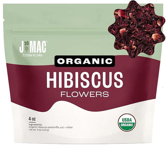 J Mac Botanicals, Organic Hibiscus Flower (4 ounce), Hibiscus tea, cut & sifted flowers, dried from
