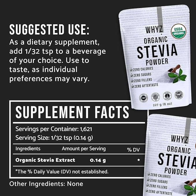 WHYZ Organic Stevia Powder, 1621 Servings, Premium Zero Calorie Sweetener - Powdered Pure Stevia