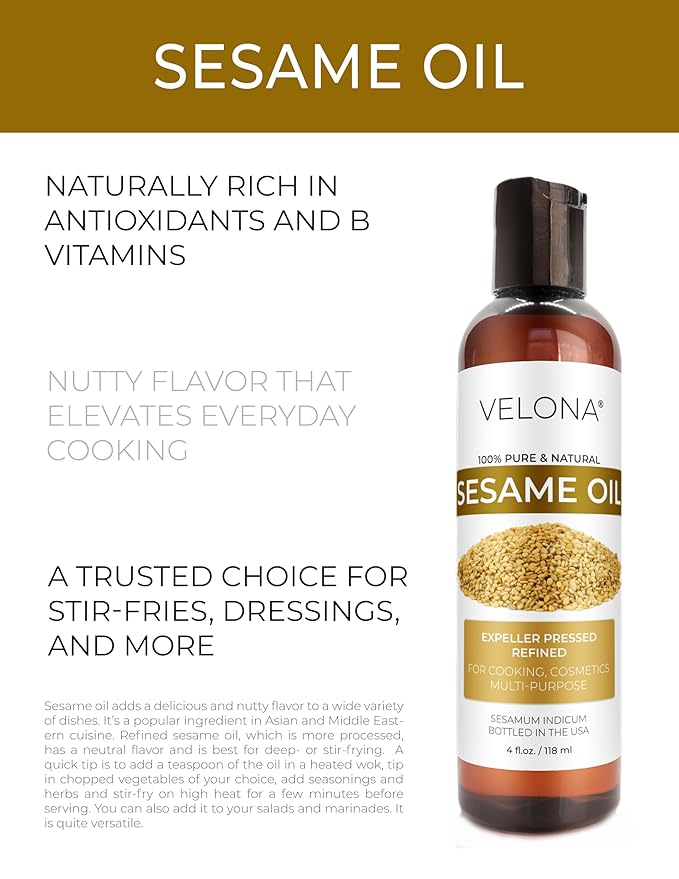 Sesame Seed Oil by Velona - 4 fl oz | 100% Pure and Natural Carrier Oil | Refined, Expeller Pressed