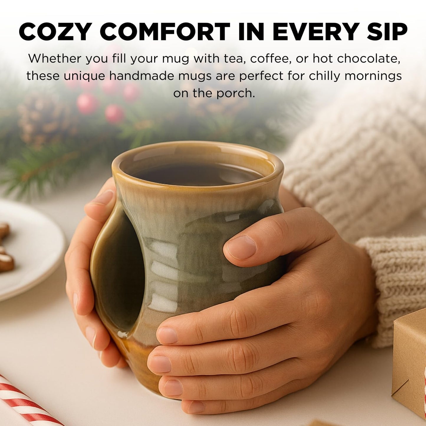 Hand Warmer Mug, Handmade Pottery Ceramic and Hand Painted - The Contoured Pocket will Hold Warmth