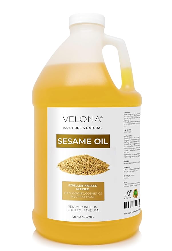 Sesame Seed Oil by Velona - 1 Gallon / 128 Fl Oz | 100% Pure and Natural Carrier Oil | Refined