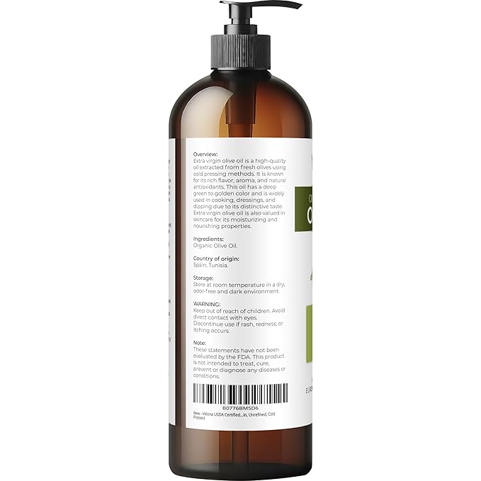 velona USDA Certified Organic Olive Oil - 16 Fl Oz | 100% Pure and Natural Carrier Oil | Extra