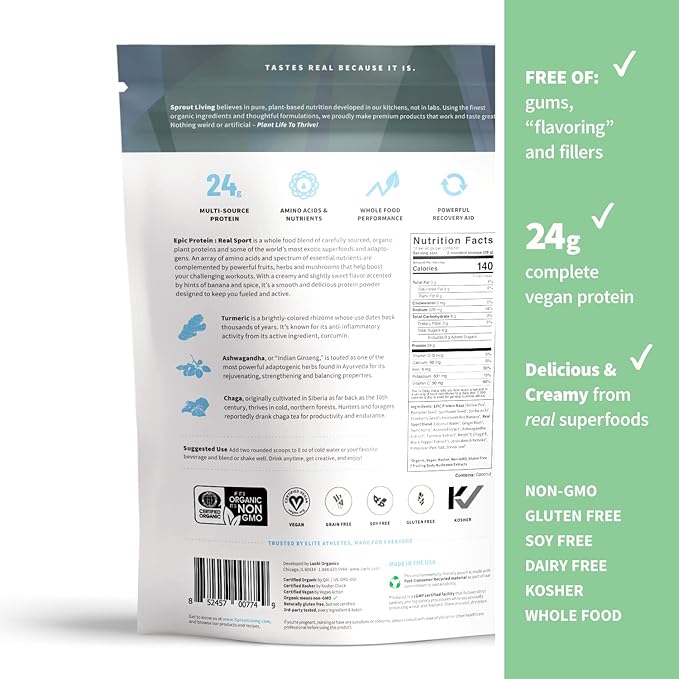 Sprout Living, Epic Protein, Plant Based Protein & Superfoods Powder, Real Sport | 24 Grams Organic