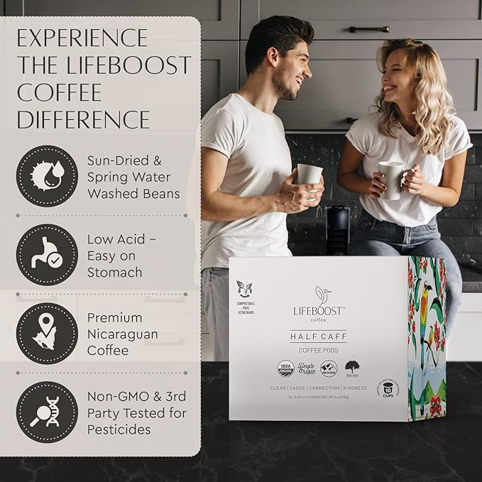 Lifeboost Half Caff Coffee K Cups - Low Acid Half Caff Coffee Pods - Single Origin Non-GMO Mold