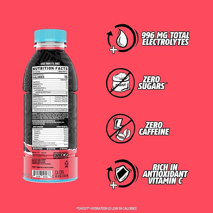 GHOST Hydration Drink, Kiwi Strawberry- RTD Sports Drink with Electrolytes, Natural Vitamins &