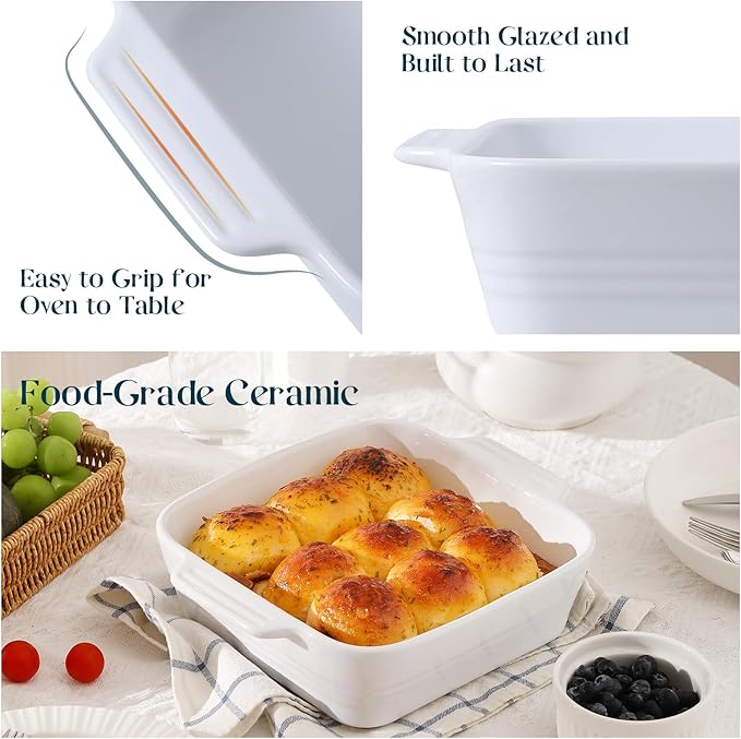 DOWAN 8x8 Baking dish, Square Baking Pan, Ceramic Casserole Dishes for Oven, Cake Pan with Handle