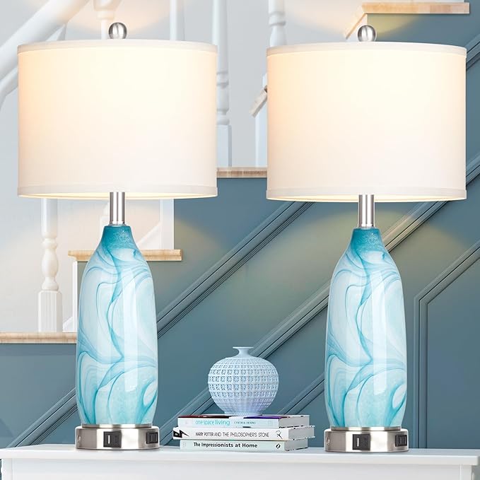 26" Coastal Table Lamps Set of 2, Modern Table Lamps with USB A+C Ports & AC Outlet, Touch Control