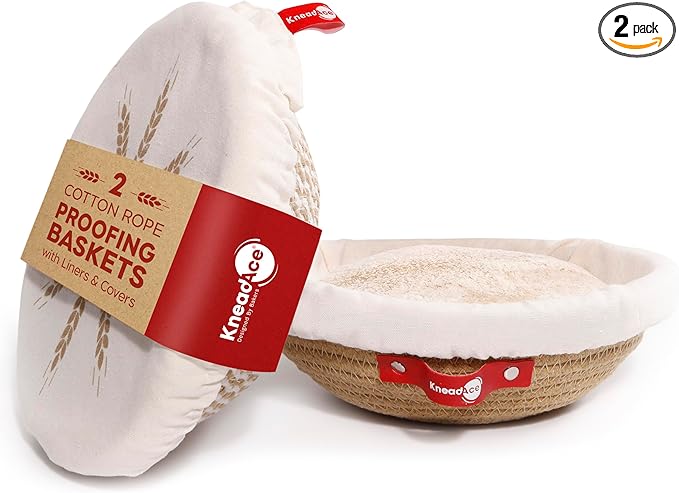 Cotton Rope Banneton Bread Proofing Basket Set, 2 x Round Bread Basket with Liners & Covers for