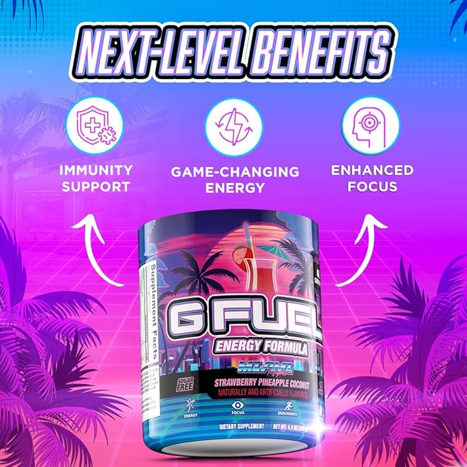 G Fuel Miami Nights Energy Drink Powder, Pre Workout Caffeine Mix for Gaming, Sugar Free Focus