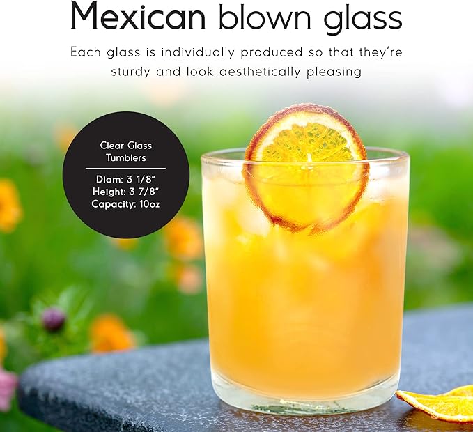 Clear 10 oz Tumblers (set of 6), Hand Blown Mexican Glassware, Recycled Glass Drinking Glasses