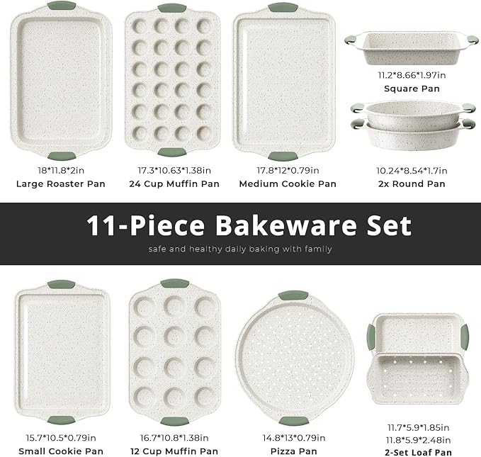 11-Piece Non-Toxic Baking Set, Stackable Nonstick Cookware with Heat-Resistant Handles - Includes