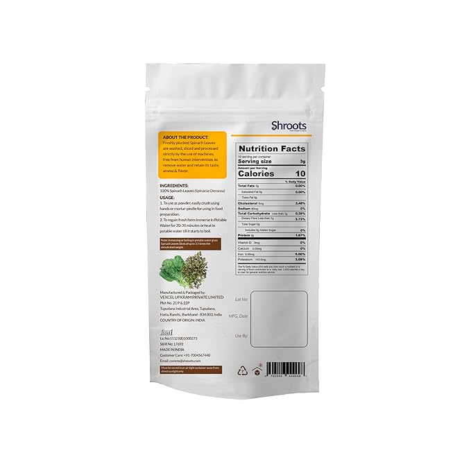 SHROOTS Dehydrated Spinach (Palak) Leaves Flakes Pure Vegetarian Gluten-Free No Added Salt Easy