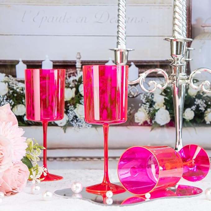 Ciaell 12 Pack Plastic Wine Glasses - 10Oz Hot Pink Plastic Wine Glasses With Stem - Disposable