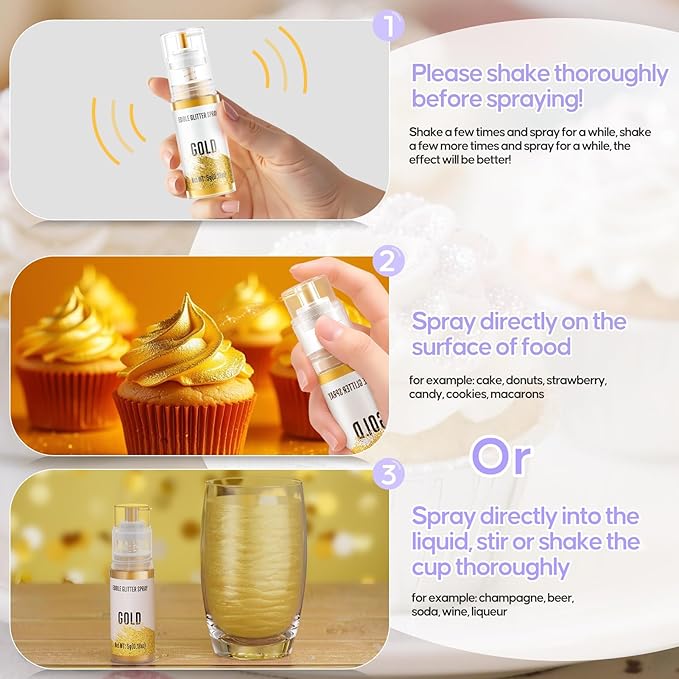 Edible Glitter Spray,2 Colors Iridescent & Iridescent Gold Food Grade Edible Glitter Set for Drink