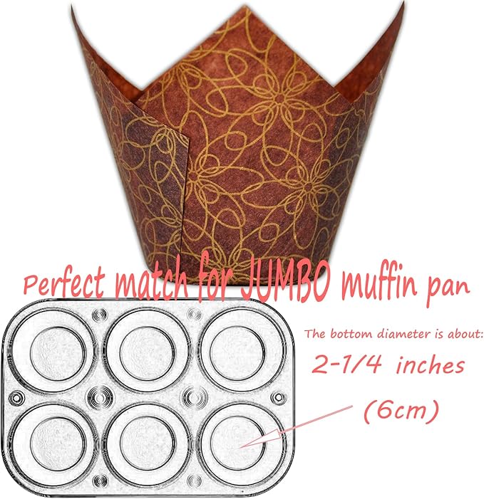 (JUMBO Large size) Brown Golden pattern Tulip Baking Cups 2-1/4"(Base diameter) x 3-3/4"(Wall