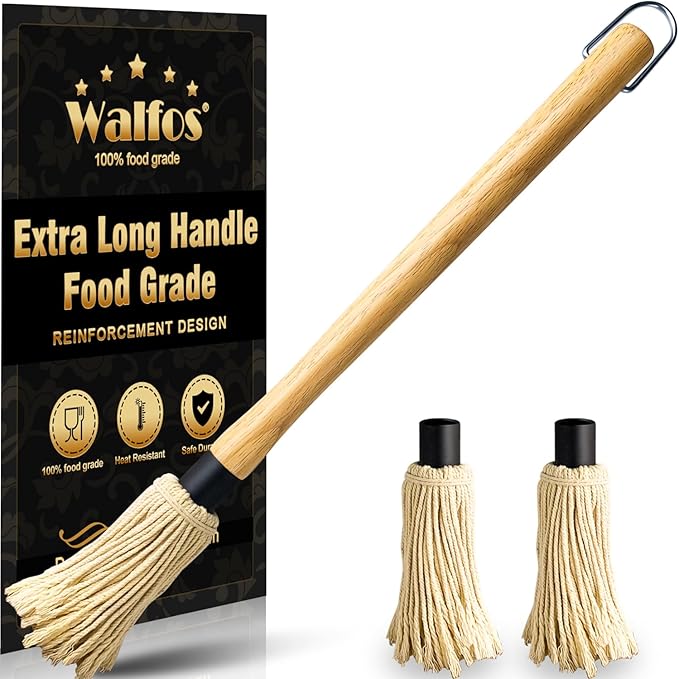 Walfos BBQ Mop Brushes for Sauce, Grilling Basting Mop Wooden Long Handle with 3 Heads, for