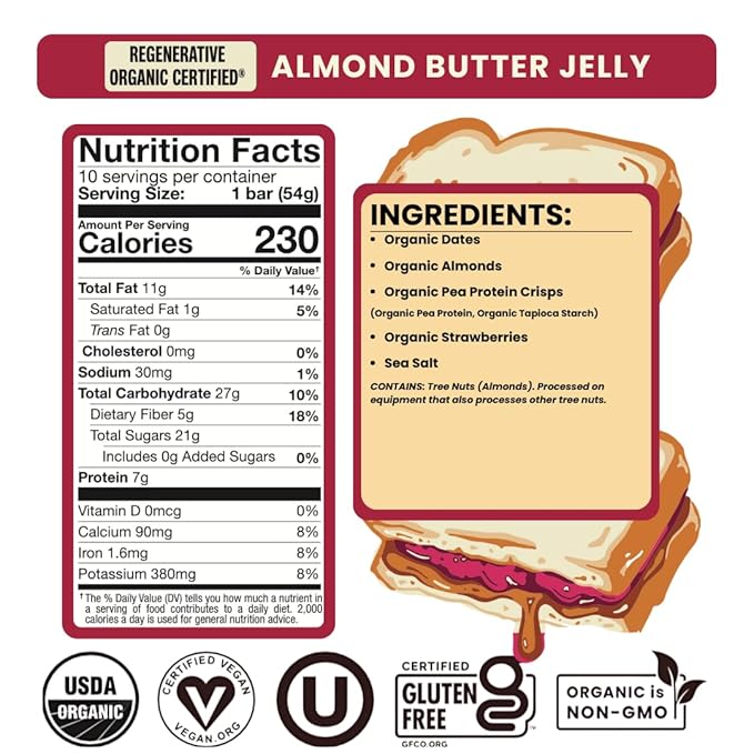 Bearded Brothers, Organic Vegan Protein Energy Bars, Almond Butter Jelly (10 Pack) - Gluten Free