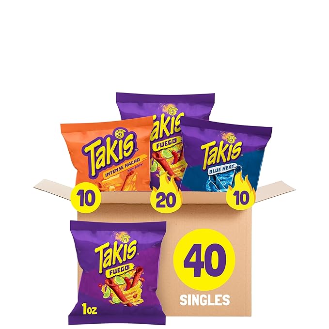 Takis 40 pc / 1oz Hero Variety Pack - Fuego, Blue Heat & Intense Nacho Flavored Rolled Tortilla