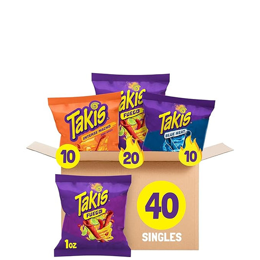 Takis 40 pc / 1oz Hero Variety Pack - Fuego, Blue Heat & Intense Nacho Flavored Rolled Tortilla