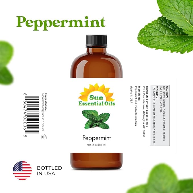 Sun Essential Oils - Peppermint Essential Oil (4 oz) with Dropper for Diffuser, Humidifier, Skin &