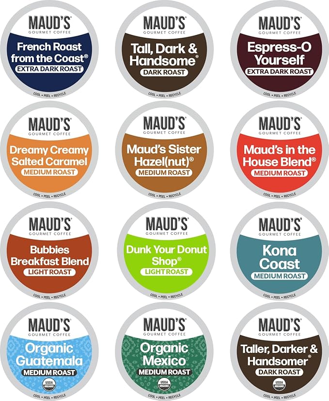 Maud's Family Pack Coffee Pods Variety Pack, 136 ct, 12 Assorted Flavors, Medium Roast Recyclable