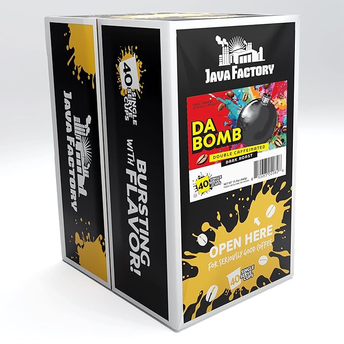 Java Factory High Caffeine Coffee Pods, Da Bomb Dark Roast, 40 Count - Compatible with K Cup