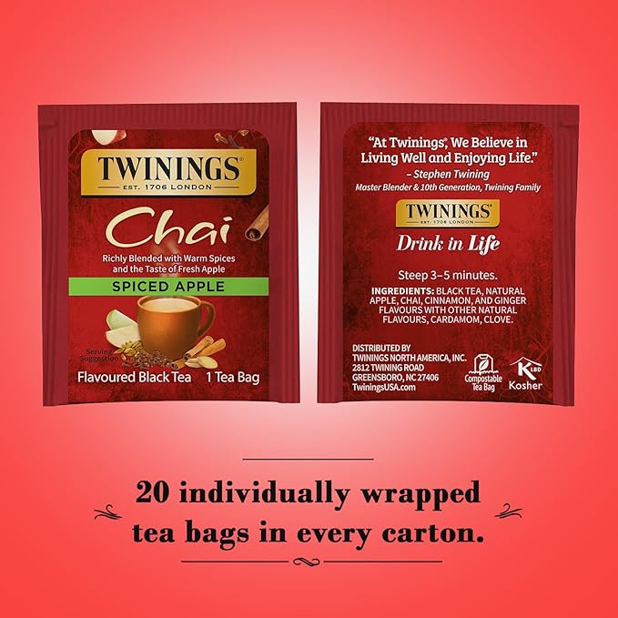 Twinings Spiced Apple Chai Black Tea Individually Wrapped Bags, 20 Count (Pack of 1), Sweet