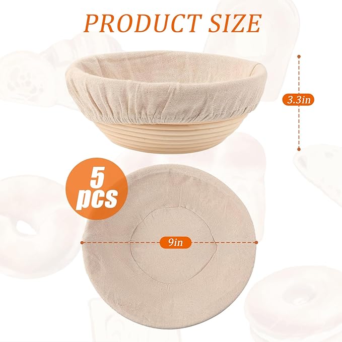 9 inch Round Banneton Bread Proofing Basket Sourdough Bread Baking Supplies Set of 5 Sourdough