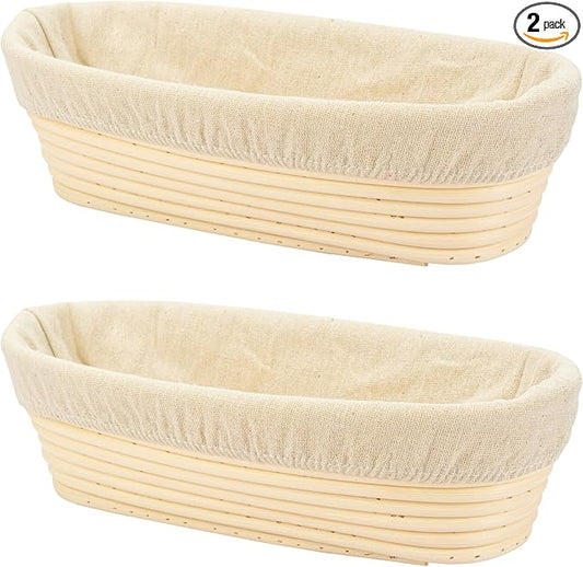 2 PCS 10 inch Oval Long Banneton Brotform Bread Dough Proofing Rising Rattan Basket & Liner for