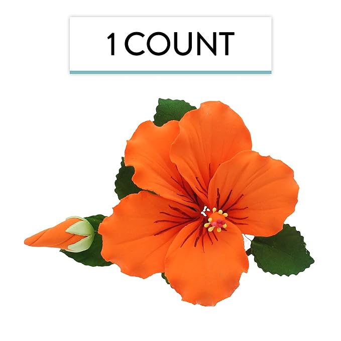 Global Sugar Art Hibiscus Sugar Cake Flowers Spray, Orange Hawaiian Cake Flower Large, 1 Count by