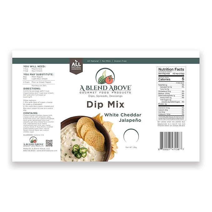 A Blend Above White Cheddar Jalapeno Dip Mix, 3 Packs, 1 oz Each, Makes 16 Ounces, Gluten-Free, No