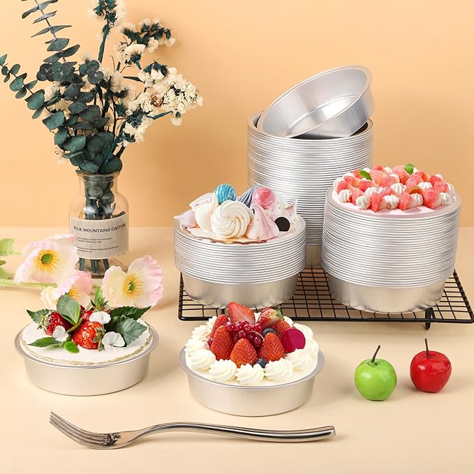 Beasea Aluminum Ramekins, 100 Pack 4" 7.3oz 215ml Mini Disposable Baking Foil Cups No Lids Ramekin