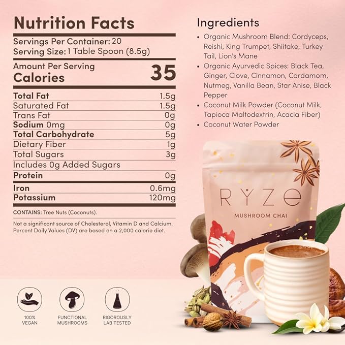 RYZE SUPERFOODS Mushroom Chai with 6 Organic Adaptogenic Mushrooms for Better Energy, Focus
