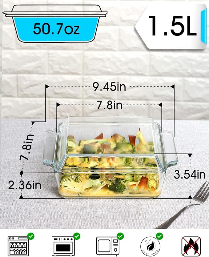 NUTRIUPS 8x8 Baking Dish Square Casserole Baking Dishes with Glass Cover Glass Casserole Dish with