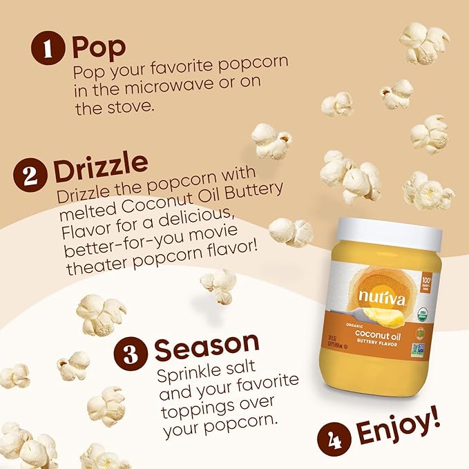 Nutiva Organic Butter Flavored Coconut Oil for Popcorn, Cooking and Baking. 29 Fl Oz - USDA Organic