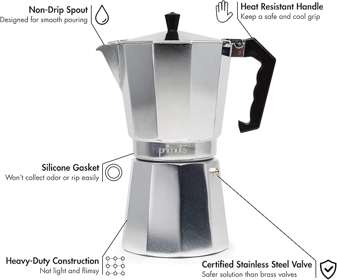 Primula Classic Stovetop Espresso and Coffee Maker, Moka Pot for Italian and Cuban Café Brewing