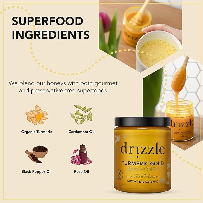 Drizzle Turmeric Gold Raw Honey - All Natural Pure Raw Honey with Organic Turmeric, Unfiltered, Use
