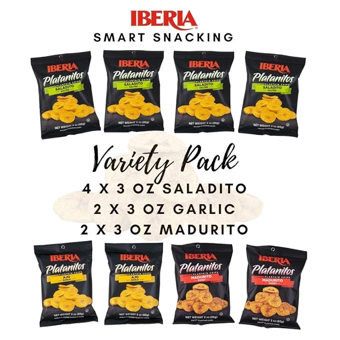 Iberia Plantain Chips, Variety, 4 Salted Plantain Chips, 2 Naturally Sweet Plantain Chips, 2 Garlic