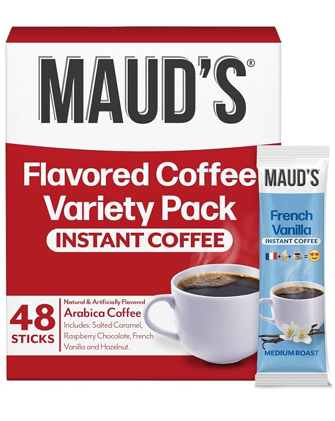Maud's Flavored Instant Coffee Variety Pack, 48 ct, Caramel, Hazelnut, Raspberry, Vanilla, 100%