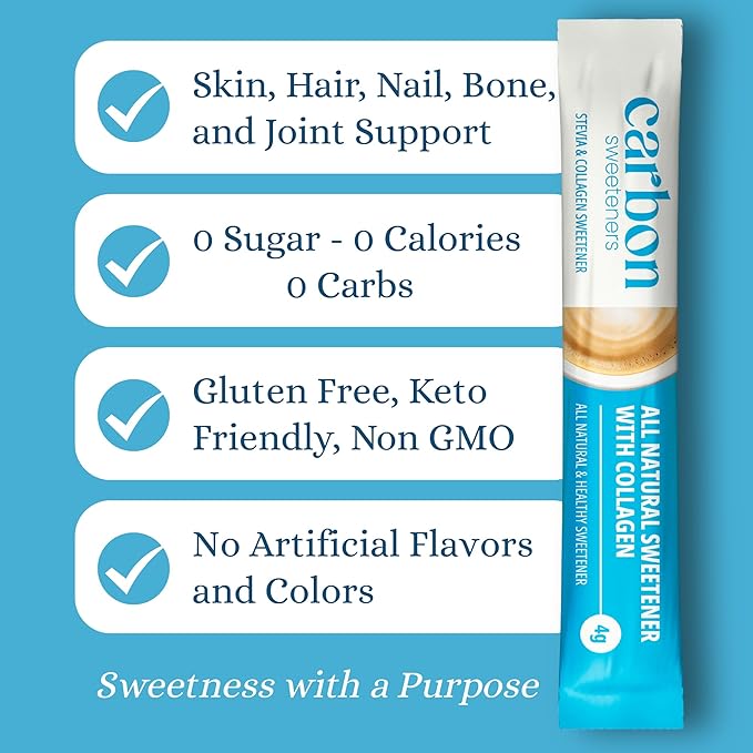 Carbon Sweeteners Stevia Powder Sweetener Packets with Collagen - Promotes Healthy Joints, Bones