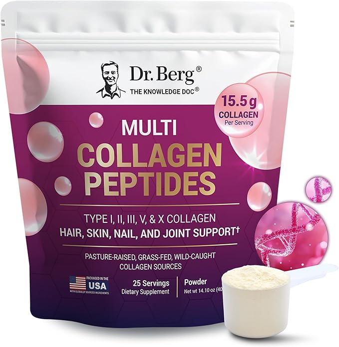 Dr. Berg Multi Collagen Peptides Powder Types I, II, III, V, X - Unflavored Collagen Powder w/ 14 g