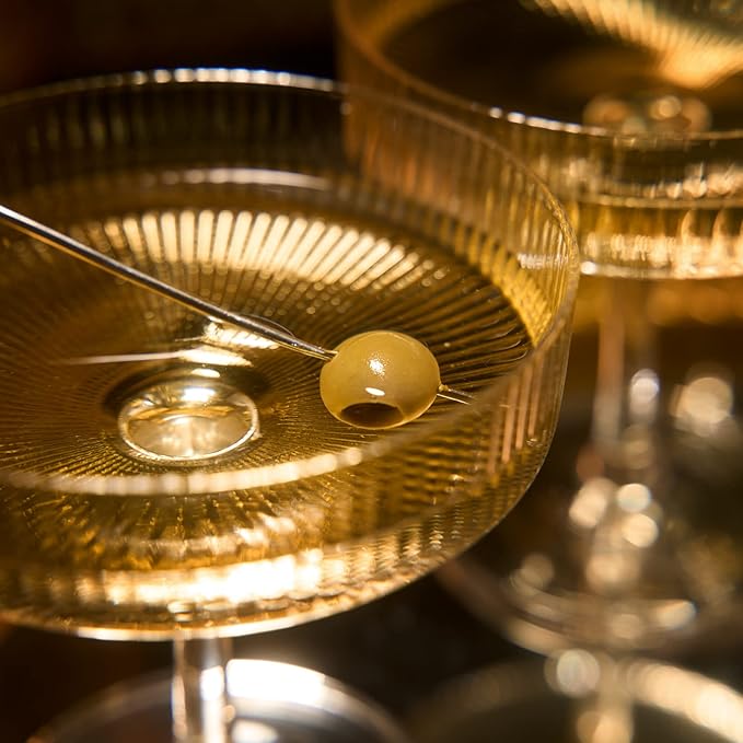 Khen Ribbed Vintage Art Deco Coupe Glasses - Martini, Champagne & Cocktail Ribbed Glasses 8oz |
