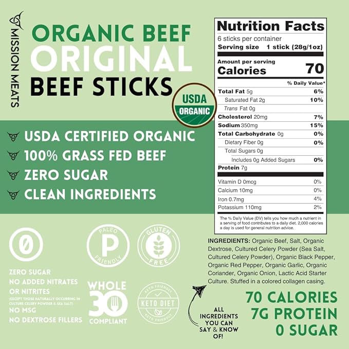 Mission Meats 100% Certified Organic Beef Sticks – Pasture-Raised, Zero Sugar, Non-GMO, Healthy