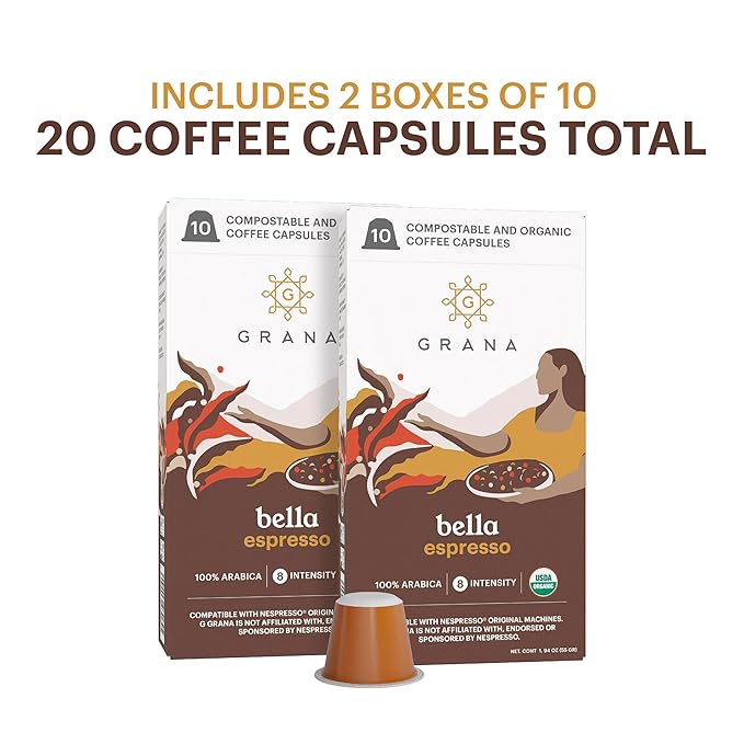 G GRANA Coffee Pods, Compatible with Nespresso OriginalLine, 20 Pack, Dark Roast, USDA Organic 100%