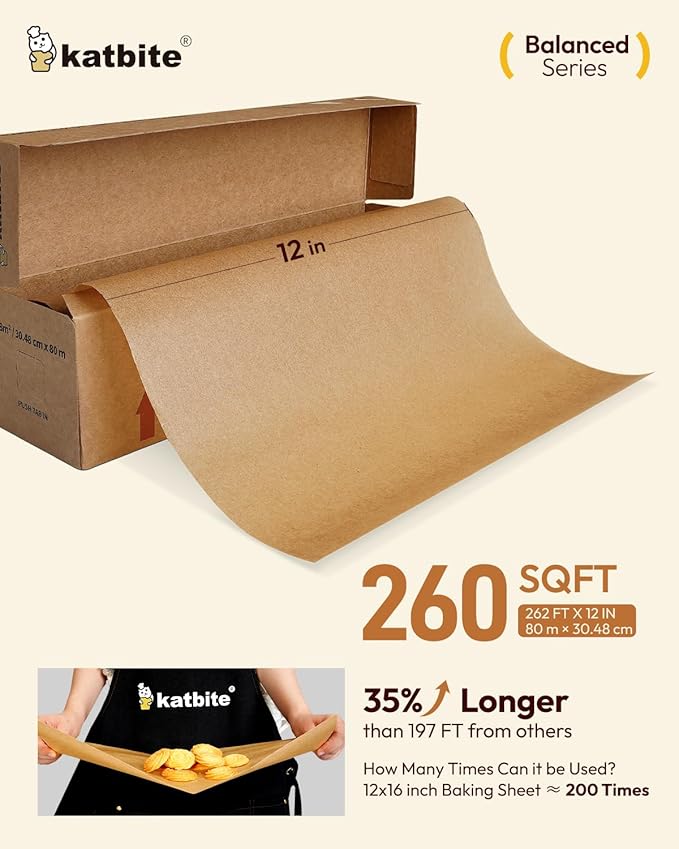 Katbite 12in x 262ft Unbleached Parchment Paper Roll, 260 Sq.Ft, Balanced Series, Non-Stick, Extra