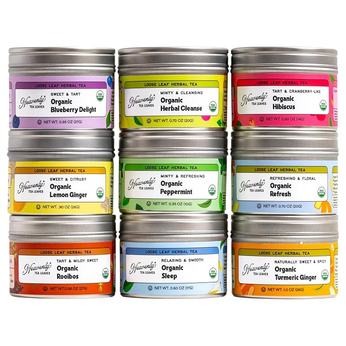 Heavenly Tea Leaves Organic Herbal Tea Sampler (Approx. 90 Cups of Loose Leaf Tea), 9 Naturally