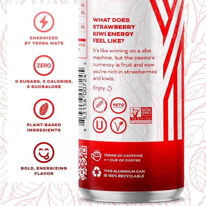Yerbaé Energy Seltzer - Strawberry Kiwi, No Sugar/Calories/Carbs. Energized by Yerba Mate